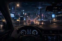 a car driving down a city street at night